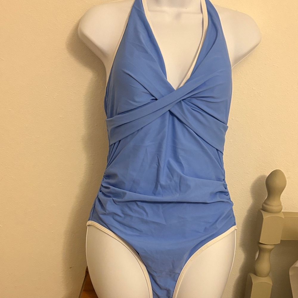 Blue Halter Women’s One Piece Swimsuit with white edging. NWOT